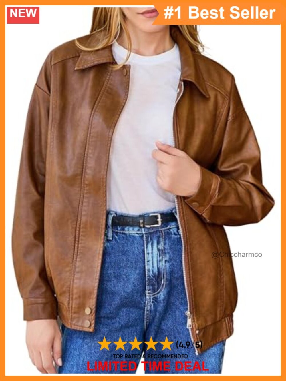 Oversized Faux Leather Bomber Jacket Zip-Up Moto Style